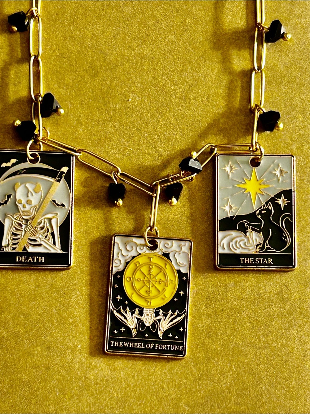 NWOT Charm Necklace Tarot cards: Star Wheel of Fortune, Death enamel, crystals